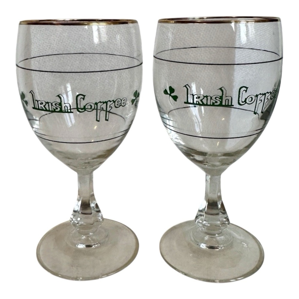 Lot 2 Vintage French Irish Coffee Stem Glasses Shamrock Barware Made France